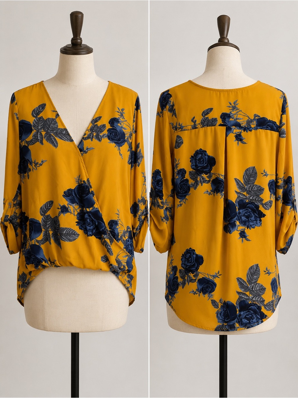 West Kei L Yellow Blue Floral Surplice Women's Top Faux Wrap